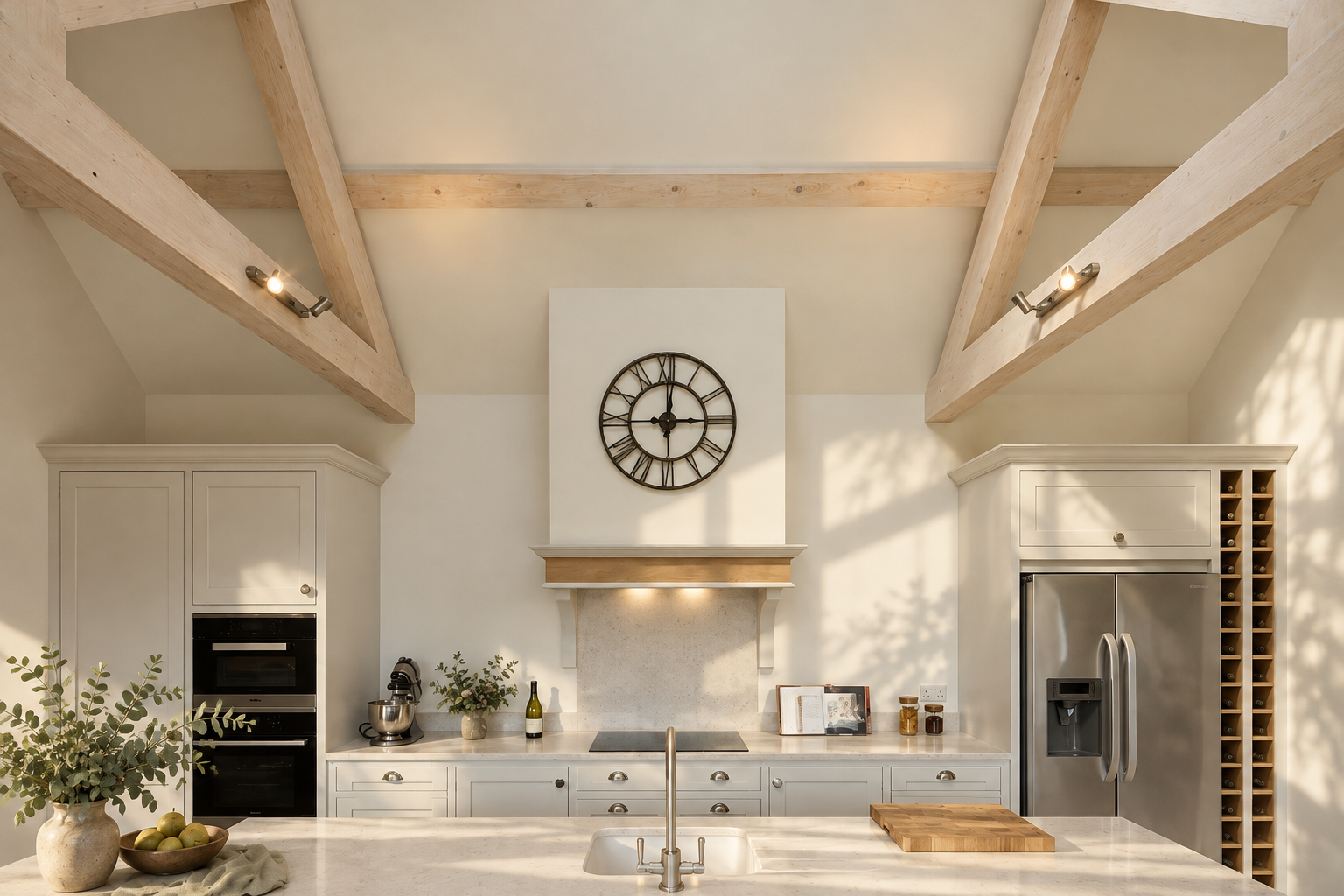 Sunlit Glades kitchen with exposed timber beams, pale cabinetry and a central island